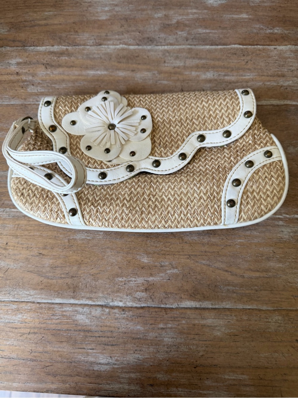 Limited Edition Woven Straw Wristlet/Clutch with White Trim Floral Accent